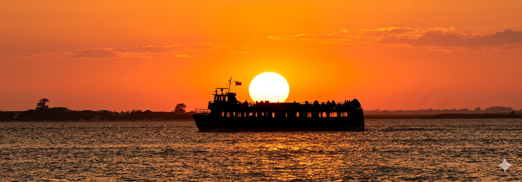 Fire Island ferry silhouetted against an orange sunset over the bay